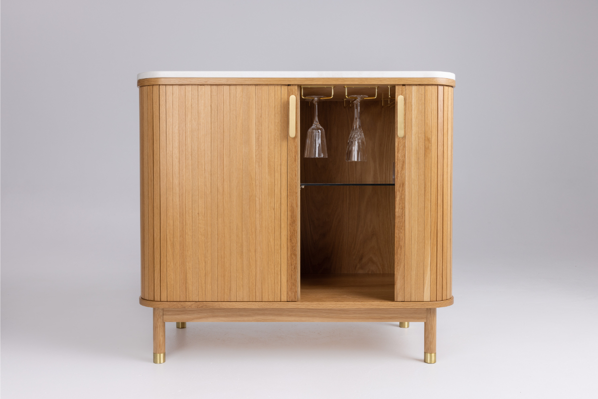 Timber and brass bar cabinet with sliding tambour doors, custom made on the Gold Coast